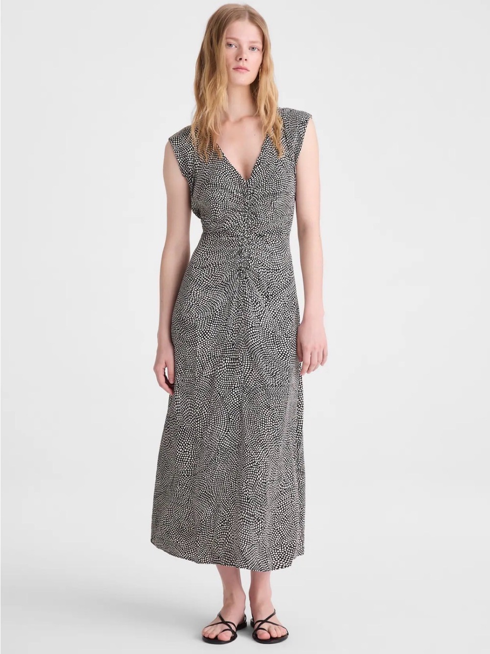 NWT Madewell Ruched Flutter-Sleeve Midi Dress Jet Black Dot Print Size 0 $168